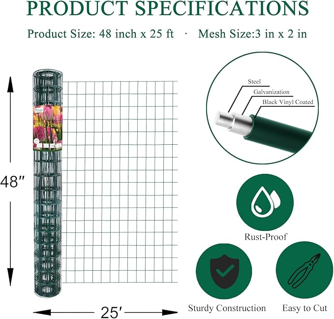 Green PVC Coated Welded Wire Fence 48 Inch x 25 Foot, 2 Inch x 3 Inch 16GA, Garden Border Fencing Roll Vinyl Coating Metal Wire Mesh for Yard Vegetable Plant Protection Poultry Netting