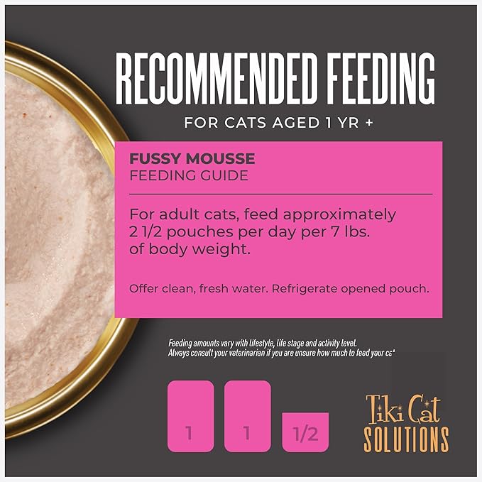 Tiki Cat Solutions Fussy Mousse, Duck Liver & Egg, Specially Formulated to Support Healthy Digestion, Functional Wet Cat for Adult Cats, 2.4 oz. Pouch (12 Count)