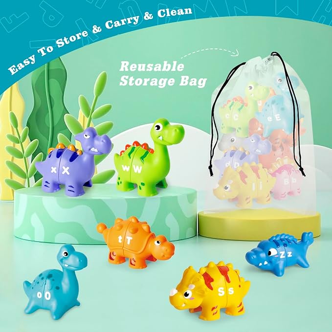 52 PCS Dinosaur Alphabet Learning Toys for Toddlers Kids 3-5, 10 Different Dinosaur Figures, Double Sided ABC Matching Game, Preschool Activities Montessori Fine Motor Toys for Toddlers Kids