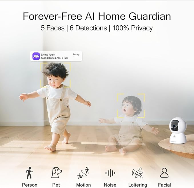 3K Pet/Dog/Cat Camera with Phone App, No-Subscription Local Person/Pet/Face Detection, 5G Security Camera Indoor, PTZ WiFi Cameras for Home Security, 0-Glow Night Vision, Full Duplex Audio