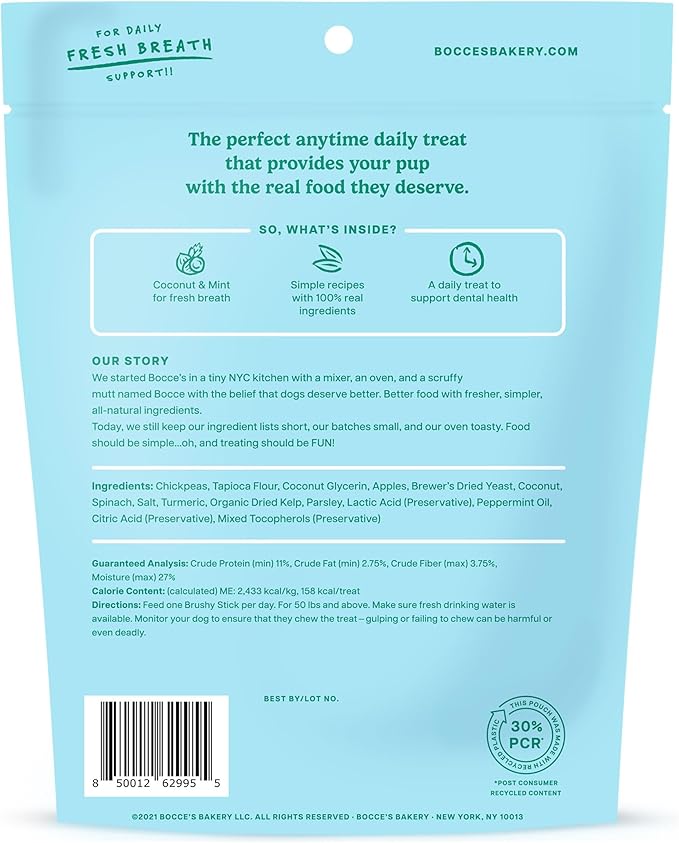 Bocce’s Bakery Dailies Brushy Sticks to Support Oral Health & Fresh Breath, Wheat-Free Dental Bars for Dogs, Made with Real Ingredients, Baked in the USA, All-Natural Coconut & Mint Recipe, Large Dogs