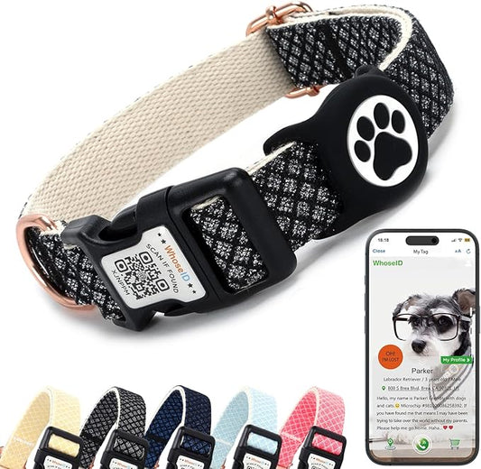 Dog Collar with Waterproof AirTag Holder & Anti-Lost QR Code, Cute Bling Warpping Adjustable Width for Small Medium Large Pet (Black, M)