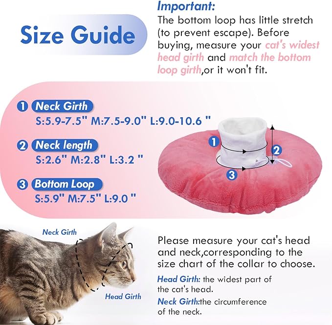 Anti-Lick Recovery Cone for Cats, Adjustable Soft Elizabethan Collar After Surgery, Easy on & Off with Drawstring Buckle, Eat & Drink Normally, Mashable Washable Pet Cone, Pink Large