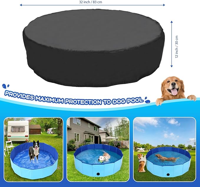 32 inch Foldable Dog Pet Bath Pool Cover, Portable Round Collapsible Pool Cover with Oxford Cloth Material and Drawstring Design for Dog Pet Pool, Waterproof and Dustproof (Black)