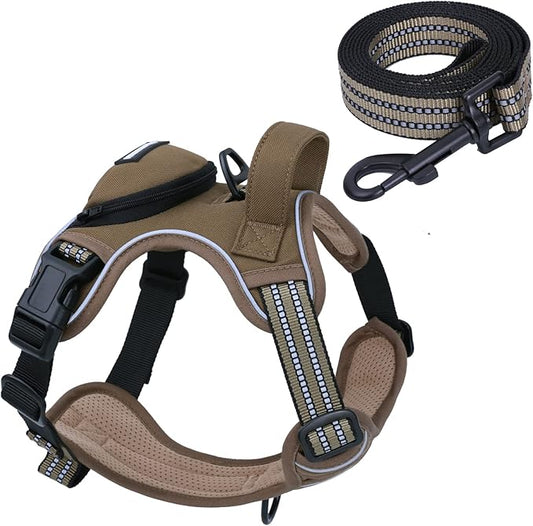 No Pull Dog Harness for Medium Dogs, Adjustable No Choke Pet Vest with Dog Leash Fit Smart Reflective Pet Walking Harness for Training Easy Control Soft Handle Brown M
