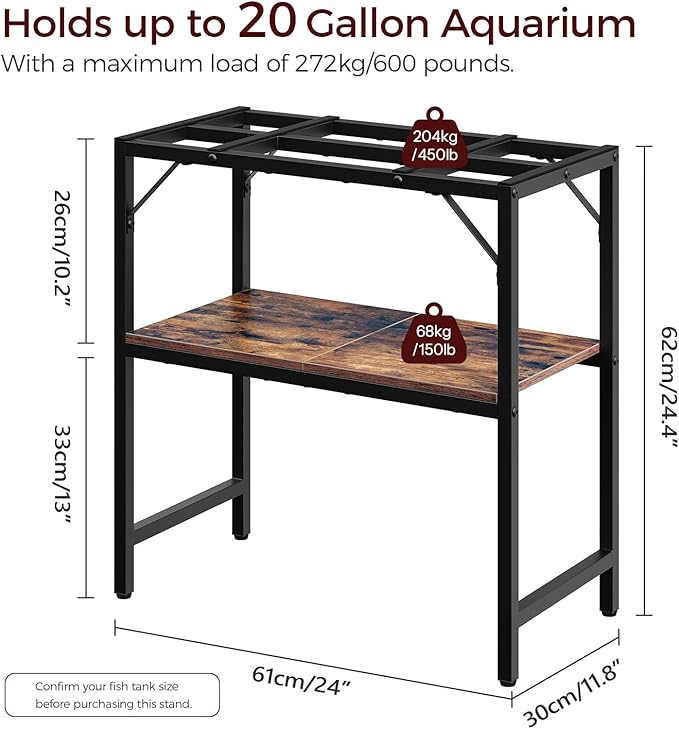 20 Gallon Fish Tank Stand, Aquarium Stand with 2-Tier Storage Shelves, Heavy Duty Breeder Turtle Terrarium Stand Rack for Home Office, 24.0" L x 11.8" W x 24.4" H, Rustic Brown FTHR2001