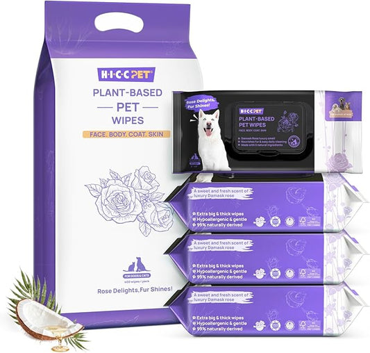 HICC PET Cleaning Deodorizing Wipes for Dogs & Cats, Vet Recommended Nourishes Smoothes Fur Pet Grooming Wipes with Fermented Coconut Oil (400 Counts (Thicken), Rose)