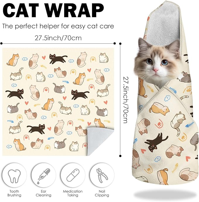 27.6"Cat Grooming Wrap, Self Adhesive Cat Wrap for Cutting Nails, Anti-Escape Calming Cat Swaddle Wrap for Medicine Ear Cleaning, Anti-Scratch Cats Burrito Restraint Blanket, Multifunctional Pet Tool