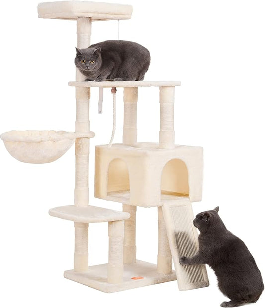 Heybly Cat Tree, Cat Tower for Indoor Cats with Scratching Board, Multi-Level Cat Furniture Condo with Feeding Bowl, Beige HCT010MM