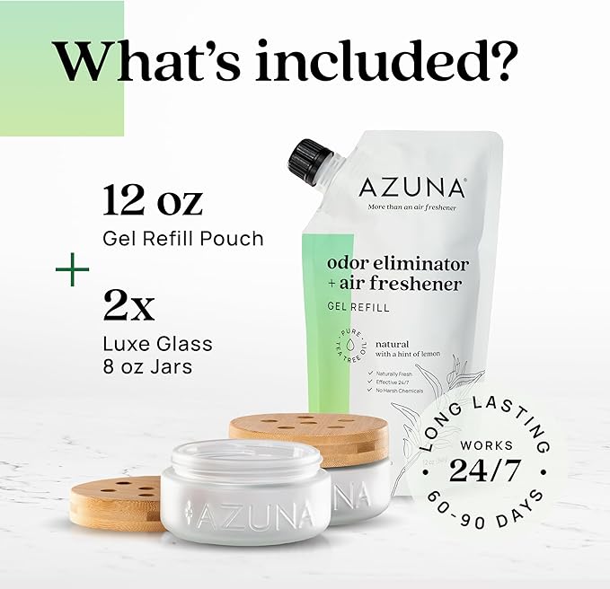 Azuna Air Freshener & Odor Eliminator for Strong Odor | 2 Room Kit Includes (2) 8 oz. Empty Luxe Glass Jars & 12 oz | Refill with Tea Tree Essential Oil Gel | Natural Scent | Last 60-90 Days