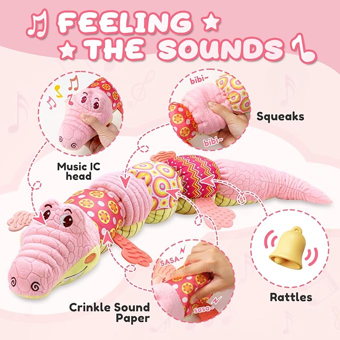 Baby Toys 0 to 12 Months, Musical Stuffed Animal Activity Soft Toys with Multi-Sensory Crinkle, Rattle and Textures,Infant Tummy Time Toys for Newborn Boys Girls, Crocodile, Pink