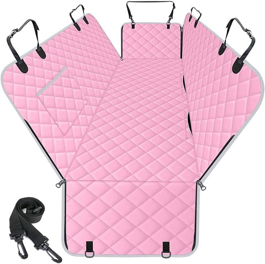 Waterproof Dog Car Seat Cover for Back Seat - Durable, Scratch Proof Pet Hammock with Nonslip Design & Storage Pockets, Fits Cars, SUVs, Trucks - L, Pink/Grey