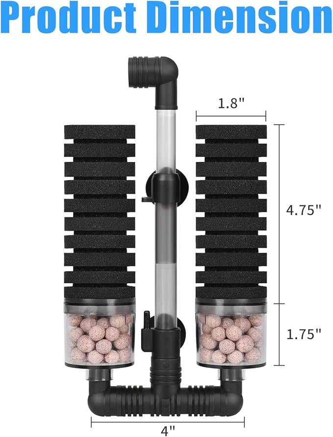AQUANEAT Aquarium Air Powered Sponge Filter with Ceramic Media Balls, for Betta Fry Shrimp Fish Tank, with 2 Spare Sponges, up to 40Gal