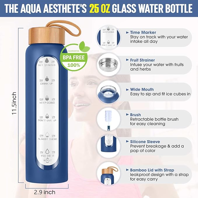 Aqulea Glass Water Bottles 25 Oz with Silicone Sleeve - BPA Free Reusable Wide Mouth Glass Motivational Water Bottles with Fruit Infuser – Leak Proof Borosilicate Water Bottle with Time Marker (Blue)