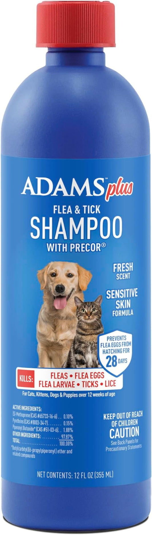 Adams Plus Flea & Tick Shampoo with Precor for Cats, Kittens, Dogs & Puppies Over 12 Weeks Of Age Sensitive Skin Flea Treatment | Kills Adult Fleas, Flea Eggs, Ticks, and Lice| 12 Ounces