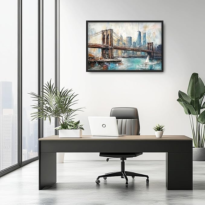 Extra Large Framed Brooklyn Bridge Wall Art,New York City Wall Decor,Abstract Skyline Cityscape Pictures for Living Room,Canvas Print Painting Modern Artwork Bedroom Office Bathroom 36L x24W