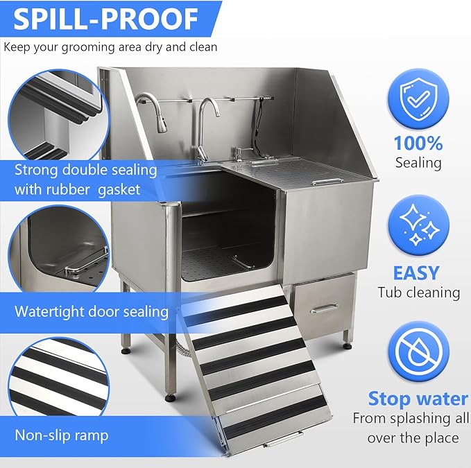 50" Dog Washing Station, Professional Stainless Steel Pet Dog Bathing Station with Ramp, Faucet, Storage Drawer, Floor Grate Dog Bathtub for Large, Medium, Small Pets (Right Ramp)