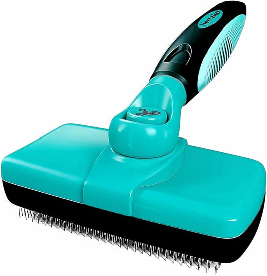 Hertzko Dog Brush for Shedding - Self Cleaning Slicker Brush for Dogs and Cats - Gently Removes Loose Hair, Tangles, and Dirt - Grooming Comb Suitable for Long or Short Coats - Aqua