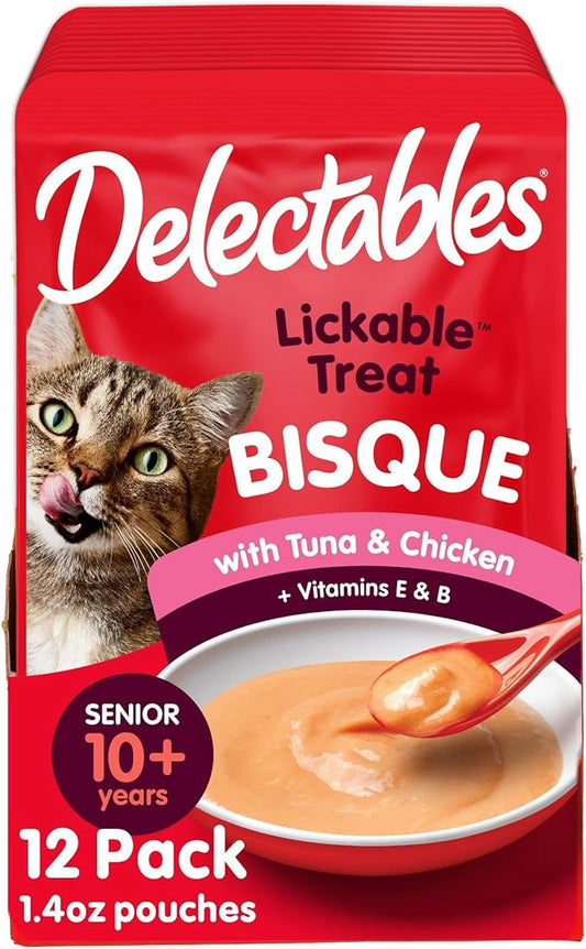Hartz Delectables Bisque Lickable Wet Cat Treats with Tuna & chicken, Senior Cats 10+ years, 1.4 Ounce (Pack of 12) - Packaging May Vary
