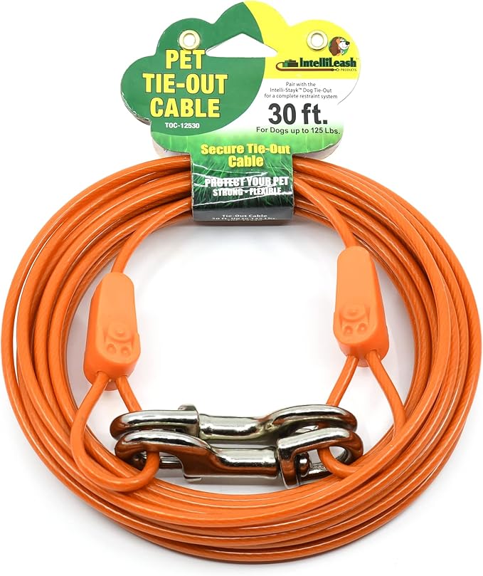 30FT Tie-Out Cables for Dogs - Strong, Safe, and Durable Dog Tie-Outs for Every Breed up to 125 Pounds - Weather and Wear Resistant Galvanized Aircraft Cable for Outside Use