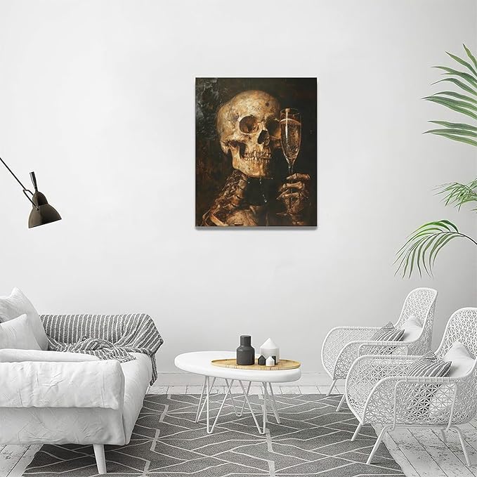 Quorin Gothic Skeleton Wall Art Goth Skull Champagne Wall Decor Dark Academia Pictures Horror Canvas Print Painting Artwork for Bathroom Living Room Bedroom 16"x20"