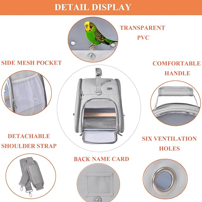 Bird Carrier Travel Cage with Stand, Small Bird Travel Carrier for Parrot with Perch, Side Access Window (Grey)