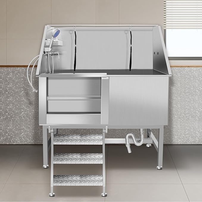 50" Pet Dog Bathing Station W/Stairs, Professional Stainless Steel Dog Grooming Tub W/Soap Box, Faucet,Rich Accessory, Dog Bathtub for Large,Medium,Small Pets, Washing Sink for Home (50" Left ramp)