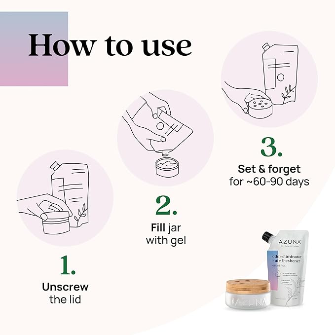 Azuna Air Freshener & Odor Eliminator for Strong Odor | 1 Room Kit Includes (1) Empty Luxe Glass Jar & 8oz Refill with Tea Tree Essential Oil Gel | Aromatherapy | Last 60-90 Days