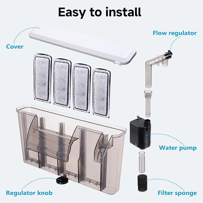 AQQA Quiet 30-50 Gallon Fish Tank Filters - Auto Start Hang on Back Aquarium Filter, Adjustable Flow, Deodorization Decontamination Filter System AQ168 (8W 200GPH)