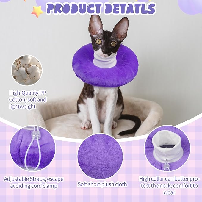 BRKURLEG Cat Recovery Collar Soft Cat Cones Pet Neck Protector Adjustable Kitten Cones to Stop Licking After Surgery Pet Elizabethan Collar for Cats Kittens, Purple, M