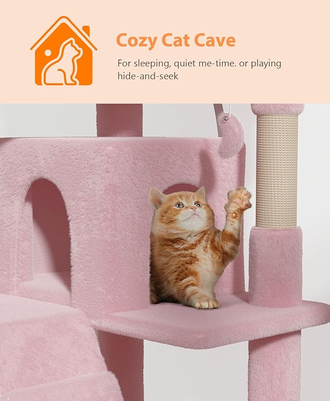 54" Cat tree Tower for Indoor Cats Large Adult,Cute/Tall Modern Cat Tree for Big Cats 20 lbs,Plush Multi-Level Cat Condo with Scratching Posts, Dangling Ball for fun play (Soft Pink, 54 inch)