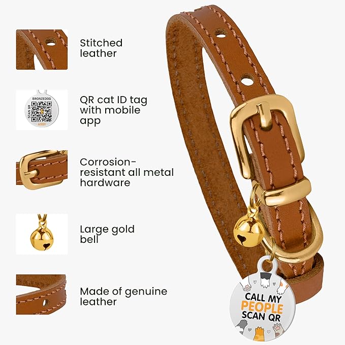BRONZEDOG Leather Cat Collar with Removable Bells Non Breakaway Kitten QR Tag for Girl Boy (7" - 9" for Cats, Light Brown & Gold)