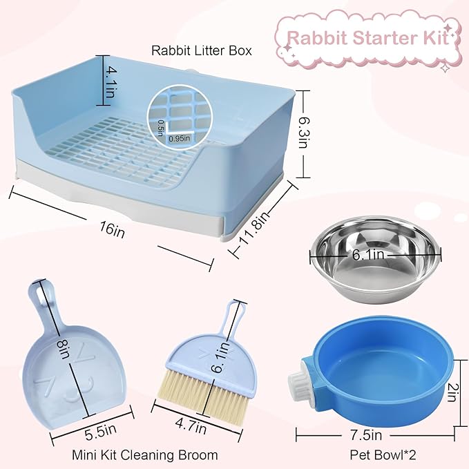 25 Pcs Large Rabbit Starter Kit, Bunny Litter Box with Drawer Animal Grooming Kit Stacking Cups Bowl Blankets Mat with Cleaning Set for Adult Guinea Pig, Ferret, Hamster, Bunnies Accessories (Blue)