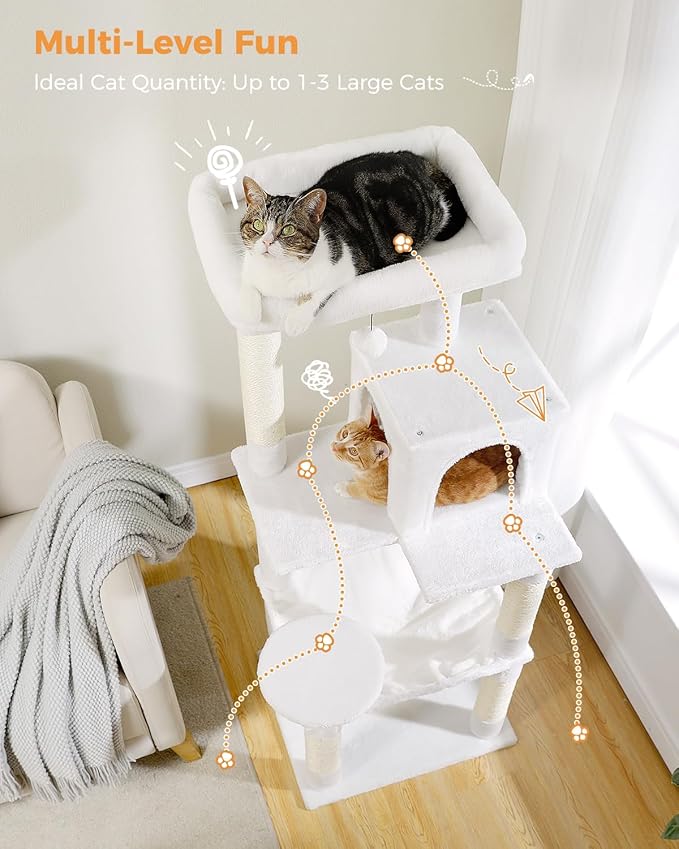 Cat Tree for Large Cats with Metal Plush Big Hammock, 56.3" Cat Tower for Indoor Cats with 2 Door Condo House, 6-Tier Cat Shelves with Scratching Posts and Large Top Perch, Cream White