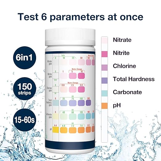 6 in 1 Aquarium Test Strips, 150 Strips Aquarium Water Test Kit for Fish Tanks & Ponds, Accurate Test Monitoring, Nitrate, Nitrite, Chlorine, Carbonate, Hardness, pH