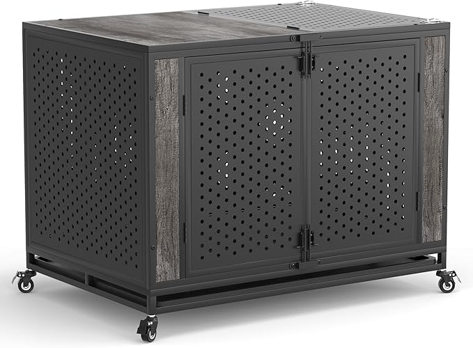 42" Heavy Duty Dog Crate Furniture for Medium and Large Dogs, Enclosed Design with 0.5 inch Holes, Indestructible Metal Kennel for High Anxiety Dogs, Chew Proof Indoor Pet House Cage, Gray