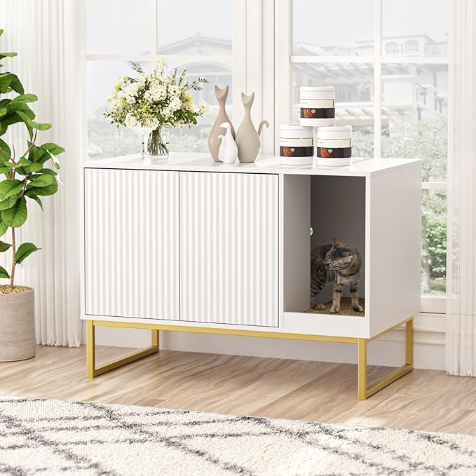 Cat Litter Box Enclosure, Fluted Hidden Litter Box Furniture with Scratch Pad and Metal Legs, Modern Enclosed Cat Cabinet, 31.5 x 17.7 x 21.7 Inches Indoor Pet House for Living Room, Washroom, White