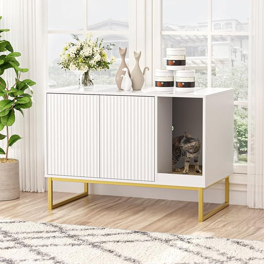 Cat Litter Box Enclosure, Fluted Hidden Litter Box Furniture with Scratch Pad and Metal Legs, Modern Enclosed Cat Cabinet, 31.5 x 17.7 x 21.7 Inches Indoor Pet House for Living Room, Washroom, White