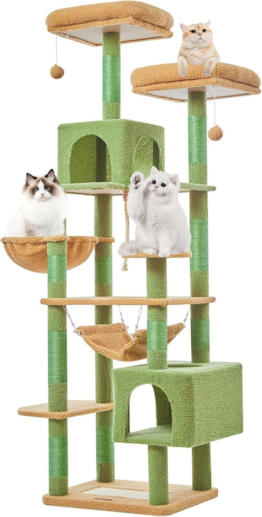 Taoqimiao Cat Tree, 71-Inch Cat Tree Cat Tower for Indoor Cats, Plush Multi-Level Cat Condo with 10 Scratching Posts, 2 Perches,Basket, 2 Caves,Hammock, 2 Pompoms,MS020T Cactus