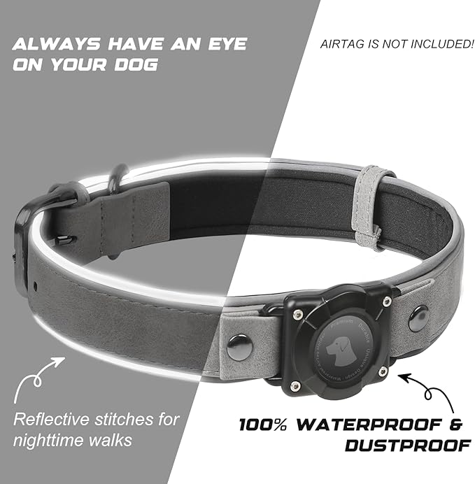 AirTag Dog Collar - Leather Dog Collar with Air Tag Holder | IPX8 Waterproof, Reflective, High - End, Adjustable Soft Padded | Dog GPS Tracker Collars Fit for Medium Large Dogs (Grey, L)