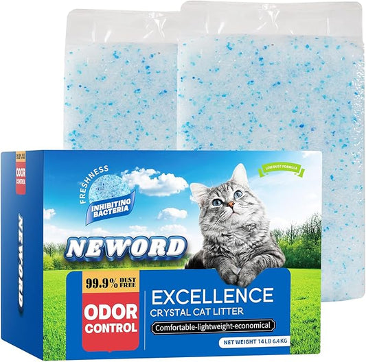 NEWORD Crystals Cat Litter Lightly Scented Litter Superior Odor Control 14 lbs Total (2 Pack of 7lb Bags) Soft-On-Paws Low Tracking Dust-Free Blue Silica Gel