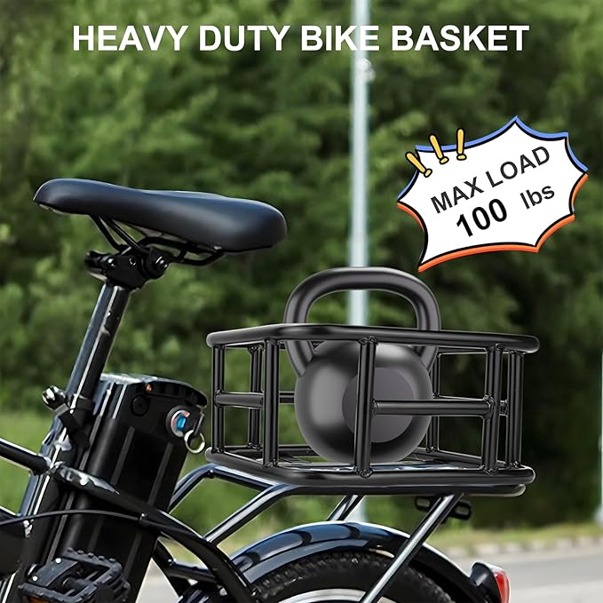 Bike Basket Rear with Liner,Waterproof Cover,Cargo Net Large Rear Bike Basket,Heavy Duty Bicycle Rear Basket for Electric Bike, Ebike,Great for Bike Trip,Carrying Grocery,Ball,Dog