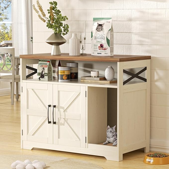 Cat Litter Box Enclosure, Hidden Litter Box Furniture with Scratch Pad, Farmhouse Indoor Cat House Washroom End Table, White