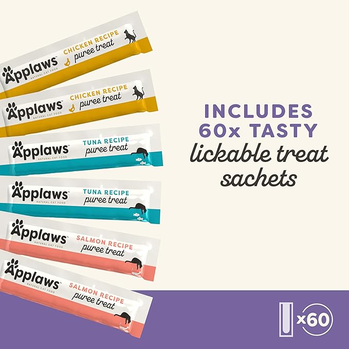 Applaws Lickable Cat Treats, Natural Grain-Free Purée, Limited Ingredient, Variety of Chicken, Tuna, & Salmon Squeeze Up Cat Treats (60 x 0.5 oz Sachets)