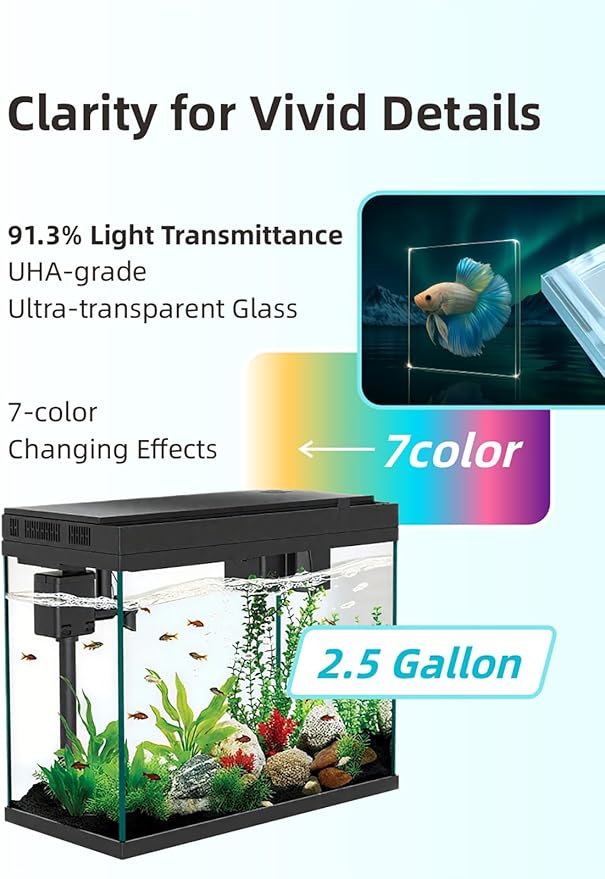 BARKBUDDY Fish Tank 2.5 Gallon Aquarium Kit, Self Cleaning Fish Tank, 7-Color Light 3-in-1 Quiet Pump Betta Fish Tank, Gold Fish Aquarium Starter Kit with Filter for Home, Office Corner