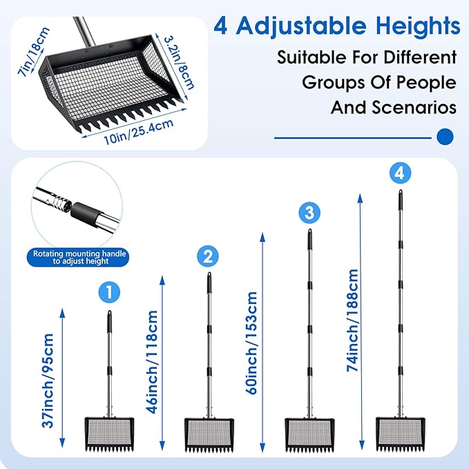 Chicken Poop Scooper & Rake 2-in-1, 32 to 68" Adjustable Stainless Steel Chicken Litter Scoop with Handle and Glove for Chick Coop Sands Multifunctional Litter Sifting Shovel for Hen Animals House