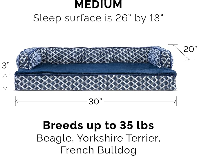 Furhaven Memory Foam Dog Bed for Medium/Small Dogs w/ Removable Bolsters & Washable Cover, For Dogs Up to 35 lbs - Plush & Woven Decor Comfy Couch Sofa - Diamond Blue, Medium