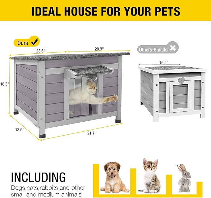 Aivituvin Cat House Waterproof Feral Kitty Shelter Outdoor Indoor Rabbit Hutch for Bunnies,Cats,Dogs and Other Small Animals,Asphalt Roof