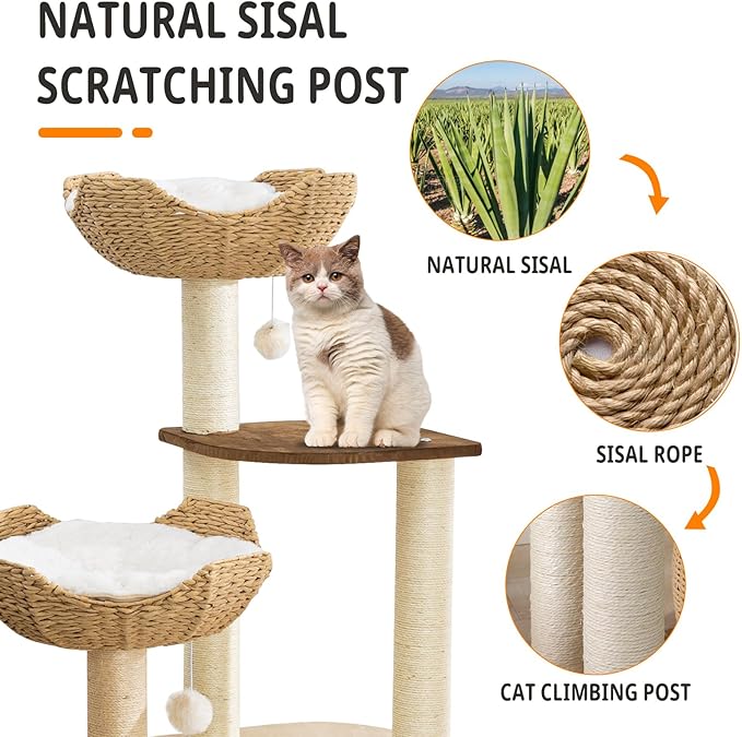 Big Modern Design Cat Tree Tower with White Cloud Mat, Unique Cat Supplies Tower with Scratching Post, Cute Wood Cat Tree Cat Furniture Activity Centre for Indoor Big Cats