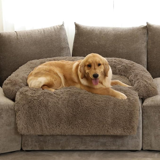 Calming Dog Bed Fluffy Plush Dog Mat for Furniture Protector with Removable Washable Cover for Large Medium Small Dogs and Cats (Extra Large (53x39.3x6), Camel)